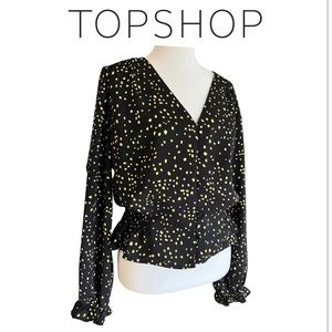 TOP SHOP Women’s Size 10 Black & Yellow Long Sleeved Blouse / Button-Up/ Ruffle